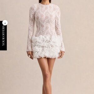 Long-Sleeve Lace Mini Dress with Ruffled Hem - White